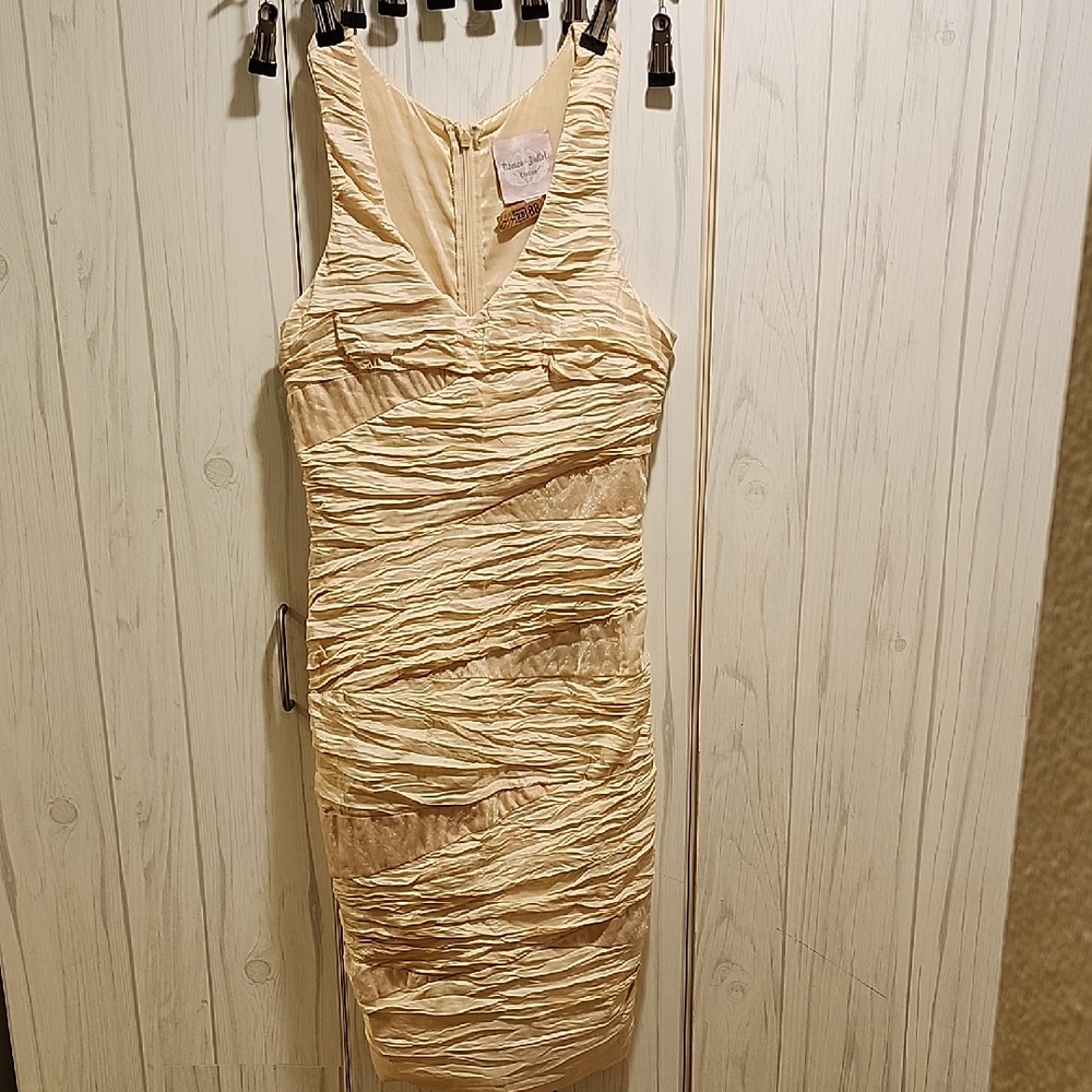 Romeo & Juliet Couture Ruched Tan Midi Dress